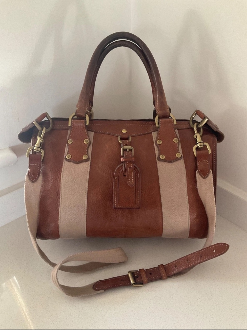 Mulberry Brown Leather and Beige Canvas Satchel